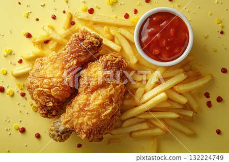 Crispy Fried Chicken Drumsticks with Golden French Fries and Tangy Dipping Sauce Crispy Fried Chicken Drumsticks with Golden French Fries and Tangy Dipping Sauce 132224749
