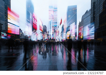 Surreal City Skyline with Blurred Skyscrapers and Colorful Advertising Panels Surreal City Skyline with Blurred Skyscrapers and Colorful Advertising Panels 132224787