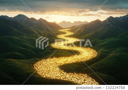 Surreal Landscape with Golden River Flowing through Lush Green Mountains at Sunset Surreal Landscape with Golden River Flowing through Lush Green Mountains at Sunset 132224788