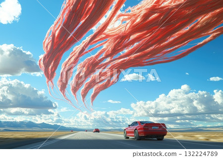 Surreal Highway Scene with Giant Charging Cables and Dramatic Cloudscape Surreal Highway Scene with Giant Charging Cables and Dramatic Cloudscape 132224789