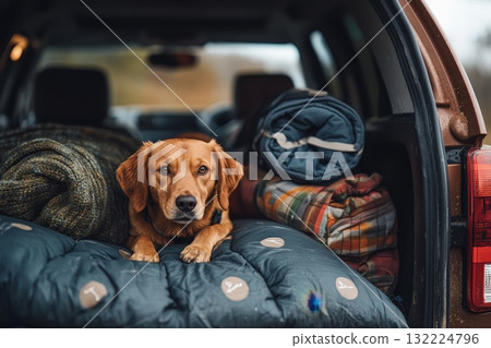 A dog is laying on a bed in a car and covered with blankets and a sleeping bag A dog is laying on a bed in a car and covered with blankets and a sleeping bag 132224796