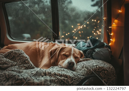 A dog is sleeping on a bed with a blanket A dog is sleeping on a bed with a blanket 132224797