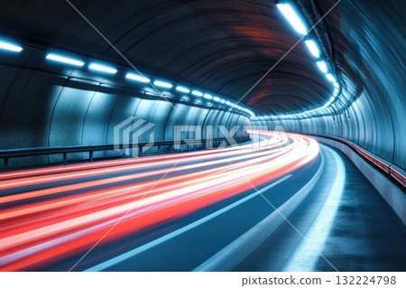 A tunnel with a bright blue wall and red streaks of light 132224798