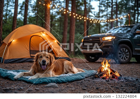 A dog is laying on a blanket next to a tent and a fire A dog is laying on a blanket next to a tent and a fire 132224804