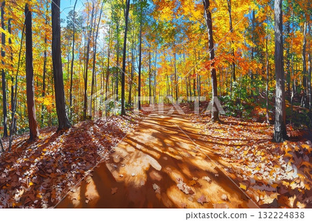 Scenic Autumn Pathway Surrounded by Vibrant Fall Foliage and Bright Blue Sky 132224838