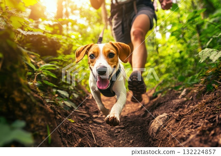 Energetic Dog Running Along a Forest Trail with Happy Hiker in Nature Setting 132224857