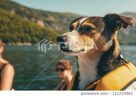 Loyal Dog Enjoys Bright Day on Water in Life Jacket with Scenic Background Loyal Dog Enjoys Bright Day on Water in Life Jacket with Scenic Background 132224862