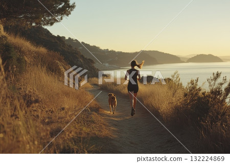 Woman Jogging with Dog on Scenic Trail during Sunset by the Water 132224869
