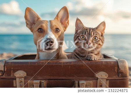 Adorable Dog and Cat Together in Vintage Suitcase on Scenic Beach with Ocean Background 132224871