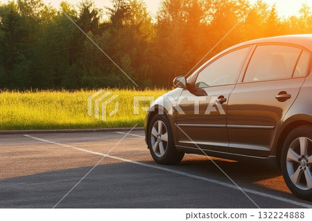 A Scenic Side View of a Car Parked in an Open Parking Lot at Sunset, Surrounded by Lush Greenery and Bathed in Warm Golden Light A Scenic Side View of a Car Parked in an Open Parking Lot at Sunset, Surrounded by Lush Greenery and Bathed in Warm Golden Light 132224888
