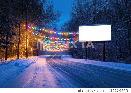 Peaceful Winter Road Illuminated by Colorful Lights in a Snowy Rural Setting at Dusk Capturing the Essence of Calmness and Beauty of Nature Peaceful Winter Road Illuminated by Colorful Lights in a Snowy Rural Setting at Dusk Capturing the Essence of Calmness and Beauty of Nature 132224893