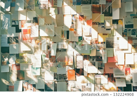 A Creative Workspace Filled With Colorful Notes, Photographs, and Papers, Bathed in Natural Light, Showcasing an Inspiring Atmosphere for Ideas and Projects 132224908