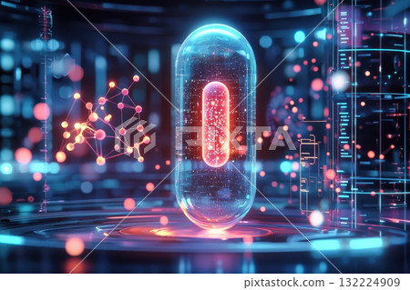 Glowing Capsule at the Center of a High-Tech Laboratory Surrounded by Advanced Technology and Data Visualization Elements in Futuristic Environment 132224909