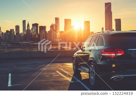 Well-Maintained Car Parked in Designated Space with City Skyline at Sunset Showcasing Urban Life and Scenic Views 132224919