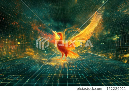 Glowing Phoenix Rising Through a Futuristic Grid of Light and Energy, Symbolizing Rebirth, Transformation and Spiritual Awakening in a Digital Universe 132224921