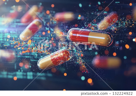 Abstract Representation of Medication Capsules with Digital Effects and Colorful Particles on a Dark Background 132224922