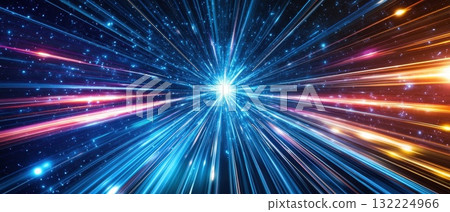 A Stunning Photorealistic Scene Depicting High-Speed Movement with Colorful Trails of Light Against a Starry Background 132224966
