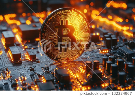 A Golden Bitcoin Coin Levitating Above a Circuit Board with Glowing Elements, Symbolizing Digital Currency in Modern Technology A Golden Bitcoin Coin Levitating Above a Circuit Board with Glowing Elements, Symbolizing Digital Currency in Modern Technology 132224967