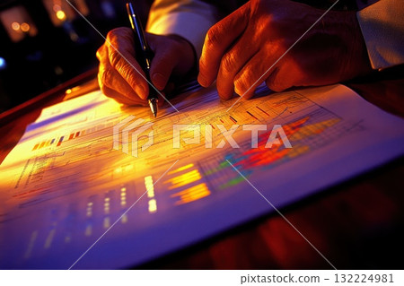 Detailed Close-Up of a Person Analyzing Financial Data and Charts Under Warm Light in an Office Setting for Professional Use Detailed Close-Up of a Person Analyzing Financial Data and Charts Under Warm Light in an Office Setting for Professional Use 132224981