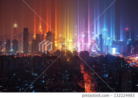 A Vibrant City Skyline Emitting Colorful Lights at Night, Surrounded by Smog and Pollution A Vibrant City Skyline Emitting Colorful Lights at Night, Surrounded by Smog and Pollution 132224983