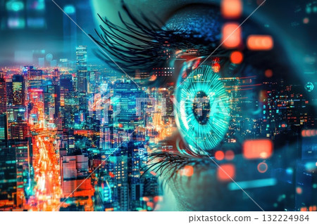 Close-up of a Futuristic Embedded Contact Lens with a Dynamic Cityscape, Advanced Technology and Digital Innovation Close-up of a Futuristic Embedded Contact Lens with a Dynamic Cityscape, Advanced Technology and Digital Innovation 132224984