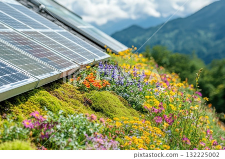 Vibrant Wildflowers Blooming Around Solar Panels on Eco-Friendly Roof with Mountains in the Background Under Bright Blue Sky and Soft White Clouds Vibrant Wildflowers Blooming Around Solar Panels on Eco-Friendly Roof with Mountains in the Background Under Bright Blue Sky and Soft White Clouds 132225002