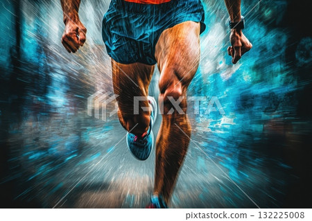 Dynamic Close-Up of a Runner in Motion with Blurry Background, Capturing the Energy and Speed of Athletic Performance in an Urban Environment 132225008