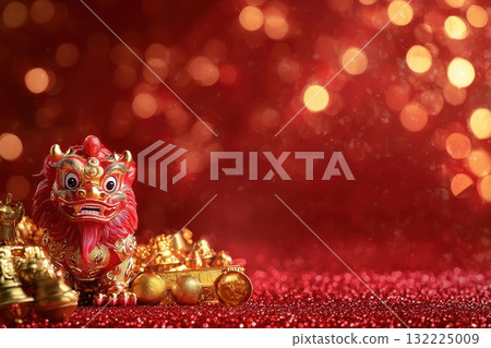 Vibrant Red Decorative Lion Figure on Shimmering Background for Celebratory Themes, Symbolizing Prosperity and Joy in Cultural Festivities Vibrant Red Decorative Lion Figure on Shimmering Background for Celebratory Themes, Symbolizing Prosperity and Joy in Cultural Festivities 132225009