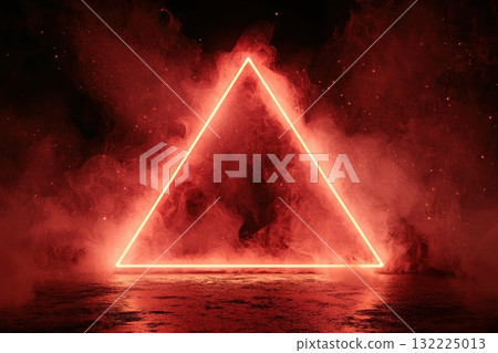 Neon Triangle Illuminated by Red Fog in a Dark Setting, Creating a Mysterious and Atmospheric Visual 132225013