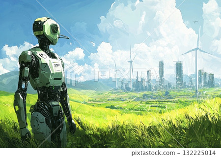 Futuristic Robot Overlooking a Lush Green Landscape with Wind Turbines and a Modern City in the Background Under a Vibrant Blue Sky with Fluffy Clouds 132225014