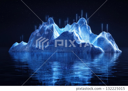 Abstract Representation of a Futuristic Iceberg Dominating a Calm Water Surface, Surrounded by Glowing Lines and Digital Elements Against a Starry Night Sky Abstract Representation of a Futuristic Iceberg Dominating a Calm Water Surface, Surrounded by Glowing Lines and Digital Elements Against a Starry Night Sky 132225015