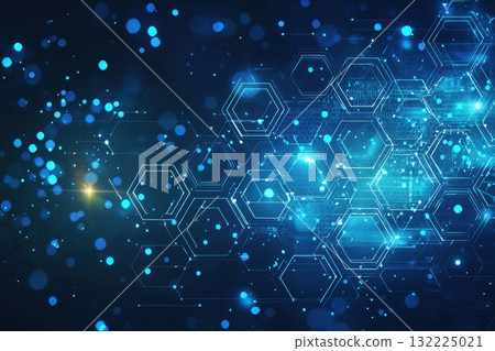 Abstract Technological Background with Blue and Cyan Lights, Hexagons, and Digital Elements Representing Innovation, Data, and Connectivity in a Modern Digital Era 132225021