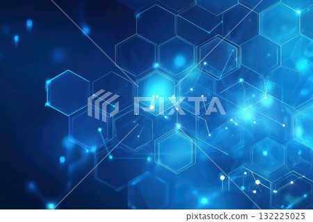 Abstract futuristic background in shades of blue featuring hexagonal shapes and interconnected lines representing technology and innovation in a digital space 132225025