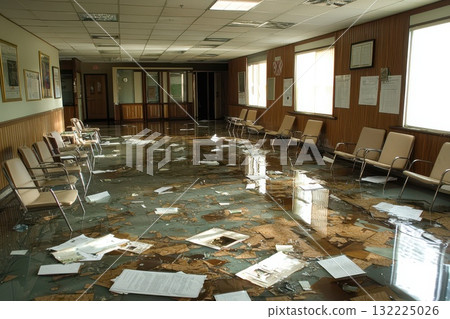 Water Damage in Abandoned Waiting Room with Flooded Floor and Scattered Papers, Evoking a Sense of Neglect and Disrepair in an Institutional Setting 132225026