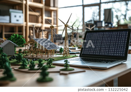 Miniature Models of Sustainable Energy Solutions Featuring Solar Panels and Wind Turbines with a Laptop on a Desk in a Bright Workspace 132225042