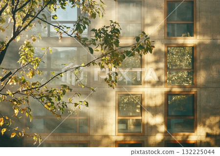 Sunlight Filters Through Leaves, Illuminating a Modern Building Facade with Warm Tones, Creating a Serene Atmosphere in an Urban Environment Sunlight Filters Through Leaves, Illuminating a Modern Building Facade with Warm Tones, Creating a Serene Atmosphere in an Urban Environment 132225044