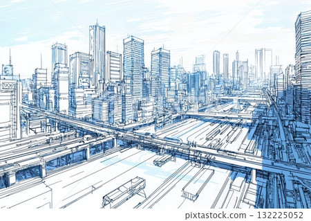 Futuristic City Skyline with Skyscrapers and Bridges in an Architectural Blueprint Style Illustrating Urban Life and Infrastructure Development Futuristic City Skyline with Skyscrapers and Bridges in an Architectural Blueprint Style Illustrating Urban Life and Infrastructure Development 132225052