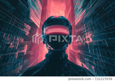 Futuristic Cybernetic Figure in Neon Landscape Surrounded by Abstract Architecture and Vivid Colors, Evoking a High-Tech Sci-Fi Atmosphere Futuristic Cybernetic Figure in Neon Landscape Surrounded by Abstract Architecture and Vivid Colors, Evoking a High-Tech Sci-Fi Atmosphere 132225056