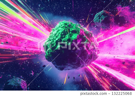 Futuristic Depiction of a Large Asteroid Surrounded by Colorful Energy Flows in a Vibrant Cosmic Environment Futuristic Depiction of a Large Asteroid Surrounded by Colorful Energy Flows in a Vibrant Cosmic Environment 132225068