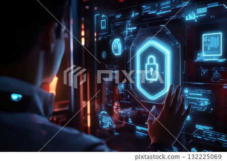 Futuristic Cyber Security Concept with Person Interacting with Holographic Lock and Digital Interface in Dark Environment Futuristic Cyber Security Concept with Person Interacting with Holographic Lock and Digital Interface in Dark Environment 132225069