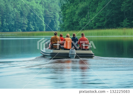 Serene Family Journey on a Small Ferry Across a Tranquil Lake Surrounded by Lush Greenery, Relaxation and Enjoying Nature's Beauty Serene Family Journey on a Small Ferry Across a Tranquil Lake Surrounded by Lush Greenery, Relaxation and Enjoying Nature's Beauty 132225083