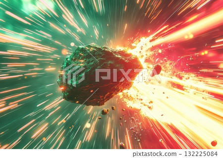 Futuristic Depiction of a Large Asteroid Surrounded by Explosive Energy and Colorful Light in a Space Environment Futuristic Depiction of a Large Asteroid Surrounded by Explosive Energy and Colorful Light in a Space Environment 132225084