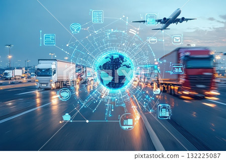 Modern Logistics Illustration Showcasing Centralized Global Network with Trucks, Airplane, and Digital Connectivity in Motion Modern Logistics Illustration Showcasing Centralized Global Network with Trucks, Airplane, and Digital Connectivity in Motion 132225087