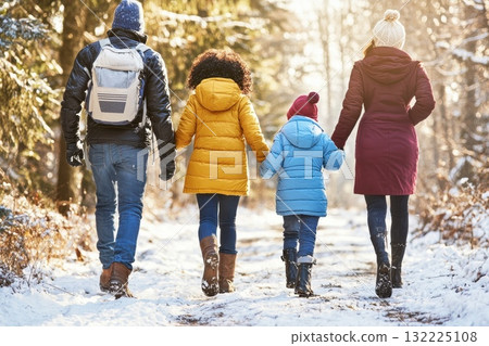 Family Journey Through Snowy Winter Forest, Children Walking Hand in Hand, Colorful Coats and Casual Attire, Beautiful Natural Scenery, Scenic Outdoor Adventure Family Journey Through Snowy Winter Forest, Children Walking Hand in Hand, Colorful Coats and Casual Attire, Beautiful Natural Scenery, Scenic Outdoor Adventure 132225108