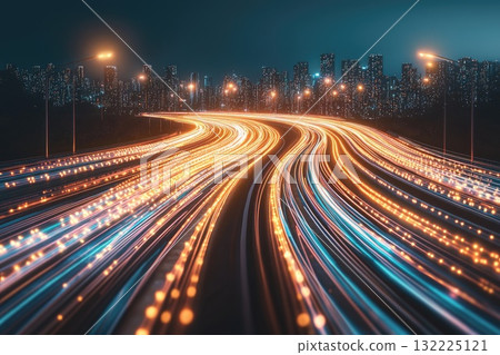 A city street with a long, curving road with many lights on it 132225121