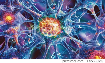 Vibrant Close-Up of Neurons in a Neural Network Illustrating Complex Connections and Interactions in a Colorful Cellular Environment Vibrant Close-Up of Neurons in a Neural Network Illustrating Complex Connections and Interactions in a Colorful Cellular Environment 132225126