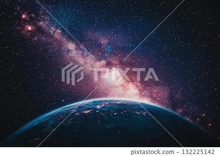 Breathtaking View of Earth with Milky Way Galaxy Background, Stunning Cosmic Scene Showcasing Stars and Colorful Nebula in Infinite Universe 132225142