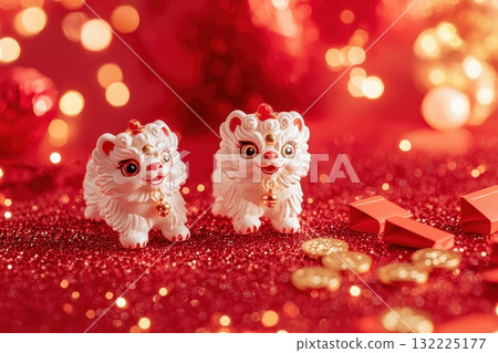 Charming Figurines Representing Happiness and Prosperity, Surrounded by Sparkling Red Glitter and Festive Elements for Celebrating Lunar New Year Traditions and Joyful Atmosphere Charming Figurines Representing Happiness and Prosperity, Surrounded by Sparkling Red Glitter and Festive Elements for Celebrating Lunar New Year Traditions and Joyful Atmosphere 132225177