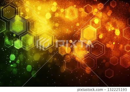 Abstract Geometric Background with Hexagons and Bokeh Effect in Green and Orange for Design, Technology, Science, and Art Projects 132225193
