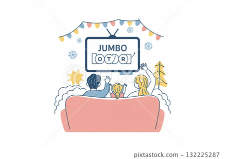 Illustration of a family excitedly watching the announcement of their lottery winnings 132225287